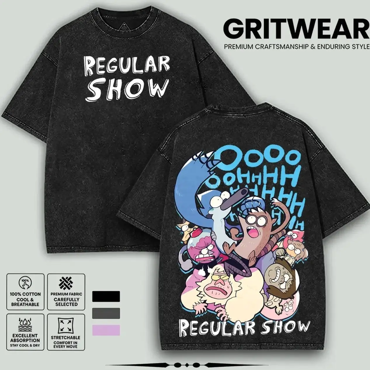Regular Show Oversized Tee 260GSM Cotton Short Sleeve Crew Neck T-Shirt with Front & Back Trippy Cartoon Print for Men Casual Streetwear graphic tee CDY
