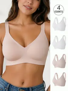 4 Pack / 5 colors, plus-size women's seamless jelly bra, four-row four-hook push-up and lift-up adjustable Wireless Sports Bra sports vest, suitable for daily wear, parties, yoga, comfortable, breathable and skin-friendly, women's underwire-free bra