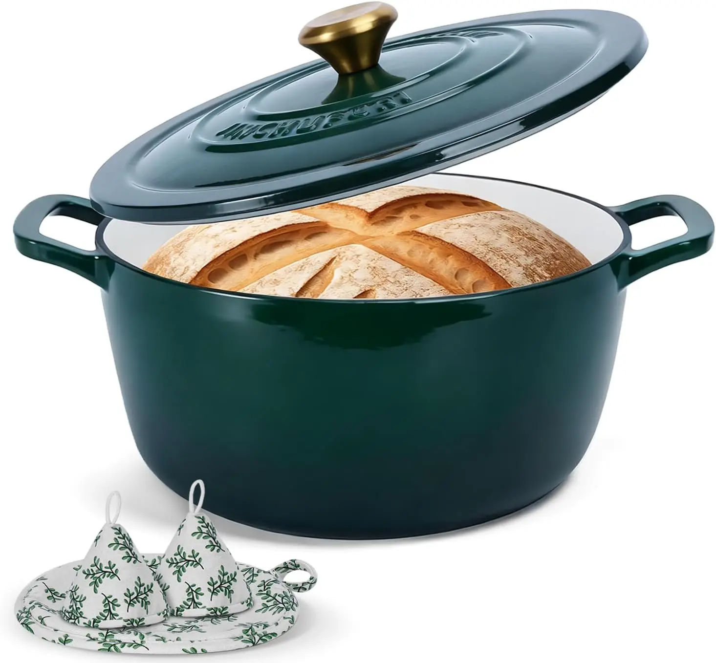 Enameled Cast Iron Dutch Oven 5.2 Qt with Lid, Green | For Sourdough Bread, Stews & Roasts, Oven Safe to 500F, Works on Gas, Electric & Induction Stovetops. Cookware Pot Pot Handles