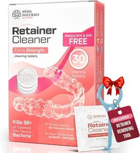 Weiss Naturals Retainer Cleaning Tablets, Invisalign Cleaner, Remove Stains, Odors & Plaque, Night Guard Cleaner PERSULFATE & DYE-FREE 1-Month Supply, Denture Cleaners, 30 Tablets