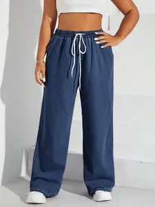 Women's Plus Size Drawstring Adjustable High Waist Wide Leg Denim Jeans, No Button Elastic, Slimming Wide Leg Pants, Casual Versatile Fit