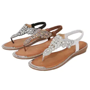 Women's Beaded Floral Sandals – Stylish Boho Thong Sandals with Rhinestone Embellishments for Summer, Beach