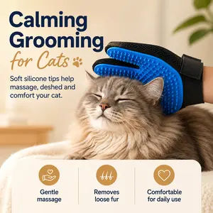 Pet Hair Removal Gloves for Dogs & Cats, 2-in-1 Deshedding Brush & Massage Mitt, 2-Pack (Left & Right Hand) - Grooming Gloves for Shedding Control, Bathing and Washing, Safe for Short/Long Hair Pets (Blue)