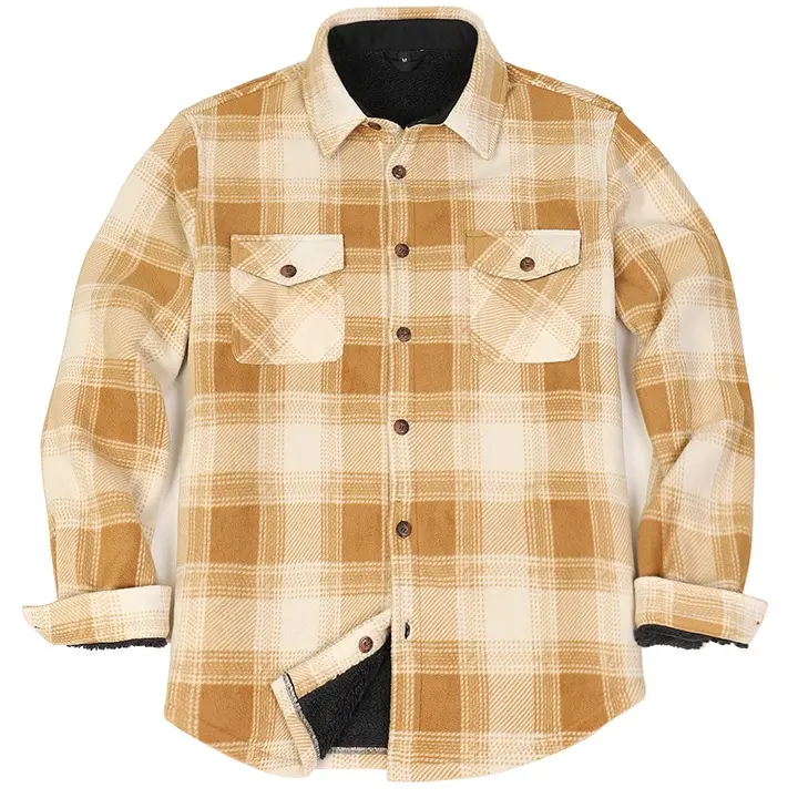FlannelGo Men's Classic Sherpa-Lined Checkered Polyester Shirt Jacket, Casual Long-Sleeve Fleece Button-Down Outdoor Top with Pockets, Menswear Tops, Longsleeves, Checkered Print