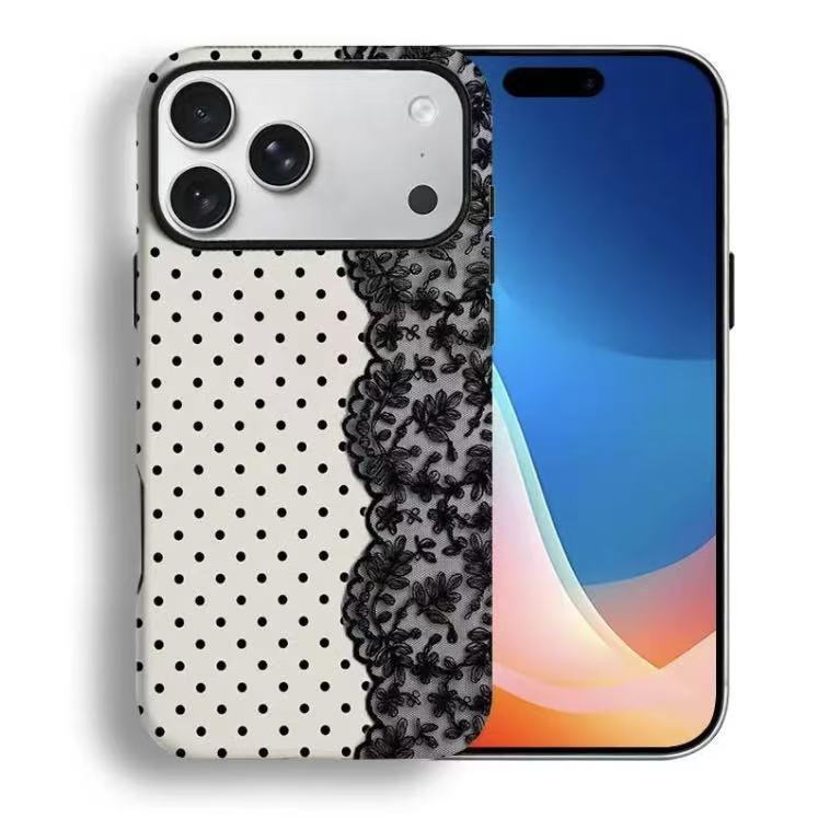 Black Polka Dot Lace Print Pattern Phone Case IMilitary-grade Shockproof Protection, Compatiblewith iPhone 17 Pro Max 16 15 14 13 12 11 X Plus/Pro & Samsung Galaxy I Affordable ToughAnxiety Phone Case for Girls