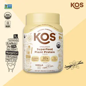 KOS Plant Based Protein Powder, Vanilla USDA Organic - Low Carb Pea Protein Blend, Vegan Superfood Rich in Vitamins & Minerals - Keto, Soy, Dairy Free - Meal Replacement for Women & Men - 10 Servings