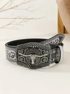 Men's Western Vintage Bull Head Buckle Rivet Belt, Durable Street Style Waistband, Versatile Fashion Accessory for Men