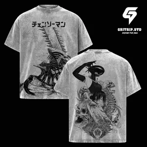 Denji x Reze Chainsaw Man Anime Double Printed Vintage Washed Tee Unisex Oversize Anime Manga Washed Heavyweight Cotton T-shirt, Gift For Fan, Lover anime murch