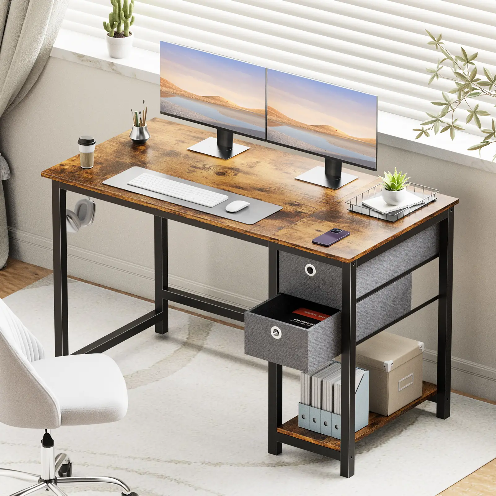 Sweet Furniture F Computer Desk - Desk with Drawers Home Office Desk Writing Desk Work Desk PC Table Study Desk with 2-Tier Drawers Storage Shelf Side