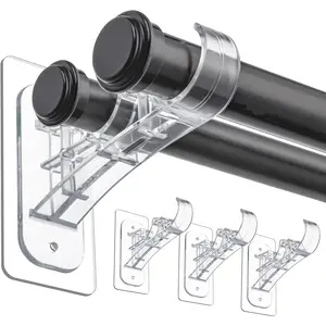No Drilling Double Curtain Rod Bracket, Renter Friendly Adhesive Curtain Rod Holders, Double Rod Heavy Duty Curtain Hangers for Apartment Living Room Bedroom, 4 PCS Clear
