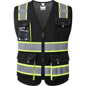 Hi Vis Reflective Safety Vests for Men Women High Visibility Vest with Pockets Mesh Fabric Construction Safety Apparel Neon Vest for Work (220-Black L)