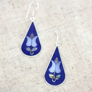 Handmade Alpaca Silver & Abalone Shell Teardrop Earrings- Blue Tulips