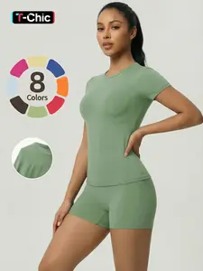 Women's Two-Piece Plain Short Sleeve Crew Neck Top and Shorts Set, Sexy Casual Comfortable Fit Wear for All Seasons