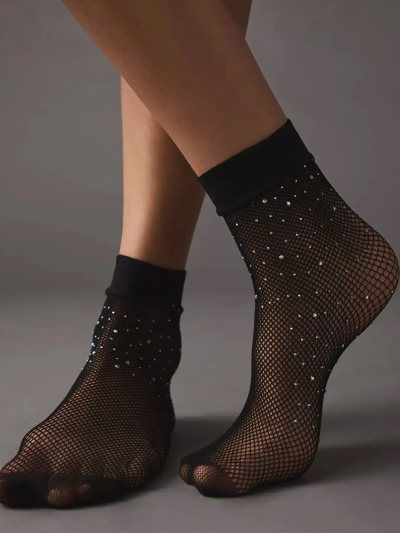 Women's Sexy Gothic Style Rhinestone Crew Socks, Sparkly Net Ankle Socks, Casual All-Season Fashion Footwear, Plain Pattern Design