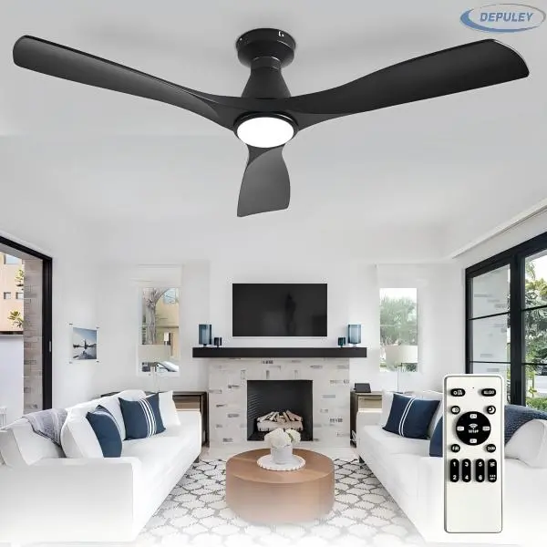 52-Inch Ceiling Fans with Lights: Black 3 Blade Flush Mount Low Profile Ceiling Fan for Bedroom - Dimmable Indoor Outdoor Fan with Remote Control Ultra Quiet DC Motor Timer