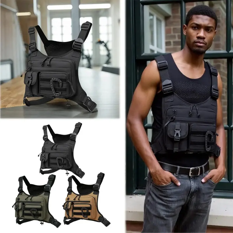 Unisex chest bag with adjustable shoulder strap and practical small pockets - Hands-free vest bag for hiking, cycling, and fishing - Compatible with vests, backpacks, and belt loops, hiking backpack