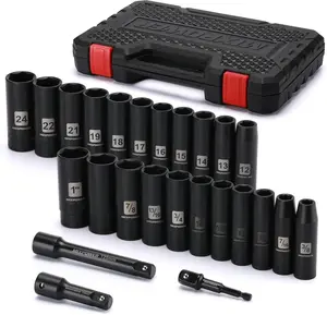 25-Piece 1/2" Drive Deep Impact Socket Set – Metric/SAE CR-V with Extensions & Adapter (12mm–24mm, 3/8"–1")