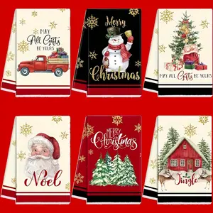 Christmas Kitchen Towels Set, 6-Piece 16x24 Inch Santa Snowman Truck Christmas Tree Design, Winter Holiday Dish Drying Cloths