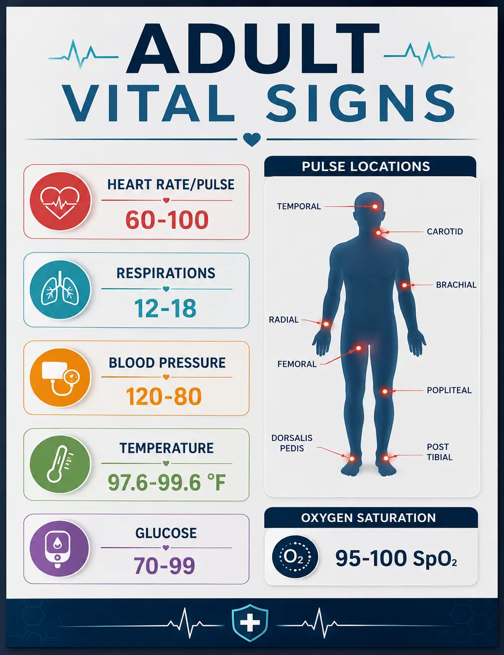 Adult Vital Signs Poster Medical Reference Chart Nursing Study Guide Heart Rate Blood Pressure Temperature Respirations Oxygen Saturation SpO2 Pulse Locations Anatomy Wall Art CNA EMT RN Nursing Student Classroom Clinic Hospital Office Educational Decor