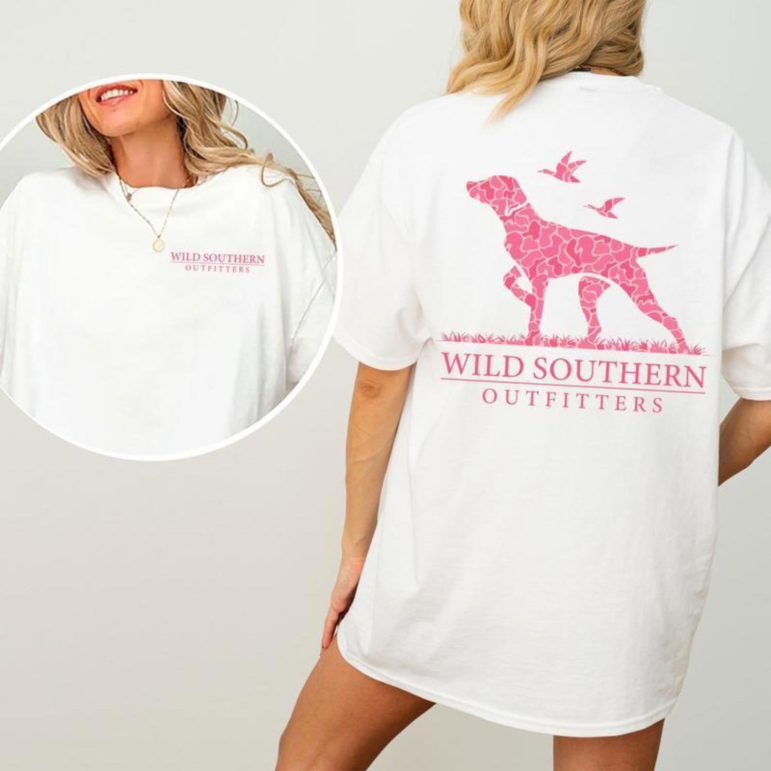Women's Pink Camo Hunting Dog Graphic T-Shirt, Wild Southern Style, Casual Printed Cotton Top
