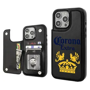 Retro Corona Extra Beer Lover Trendy Vintage Western Style Card Holder Wallet Aesthetic Pattern Black Casing For iphone 16 15 14 13 12 PRO PLUS MAX PU Leather Stylish Gift Shockproof Protection Anti-Drop Protective Protector Phone Cases Shell Cover