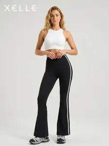 Xelle Women's High Waisted Flare Leggings with Side Stripes - Grey Bootcut Yoga Pants with Double Racing Stripes, Retro Sporty Workout Trousers for Gym & Streetwear