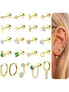 Sparkling 21 Pcs Golden Elegant Flat Back Earrings Gentle Hypoallergenic 304 Surgical Steel Copper Earrings for Women Men Fashionable Stud Hoop Earrings Stack Cartilage Earring Stack Conch Daith Tragus Helix Piercing Jewelry Set