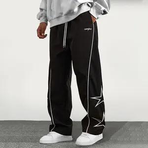 Men's star printing side striped sweatpants trend versatile black casual trousers side white strips star pattern design elastic drawstring waist comfortable slim campus street style fashion casual pants autumn and winter daily wear must-have items