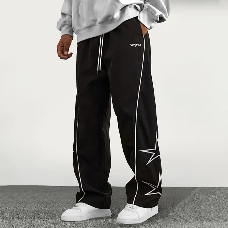 Men's star printing side striped sweatpants trend versatile black casual trousers side white strips star pattern design elastic drawstring waist comfortable slim campus street style fashion casual pants autumn and winter daily wear must-have items, Active