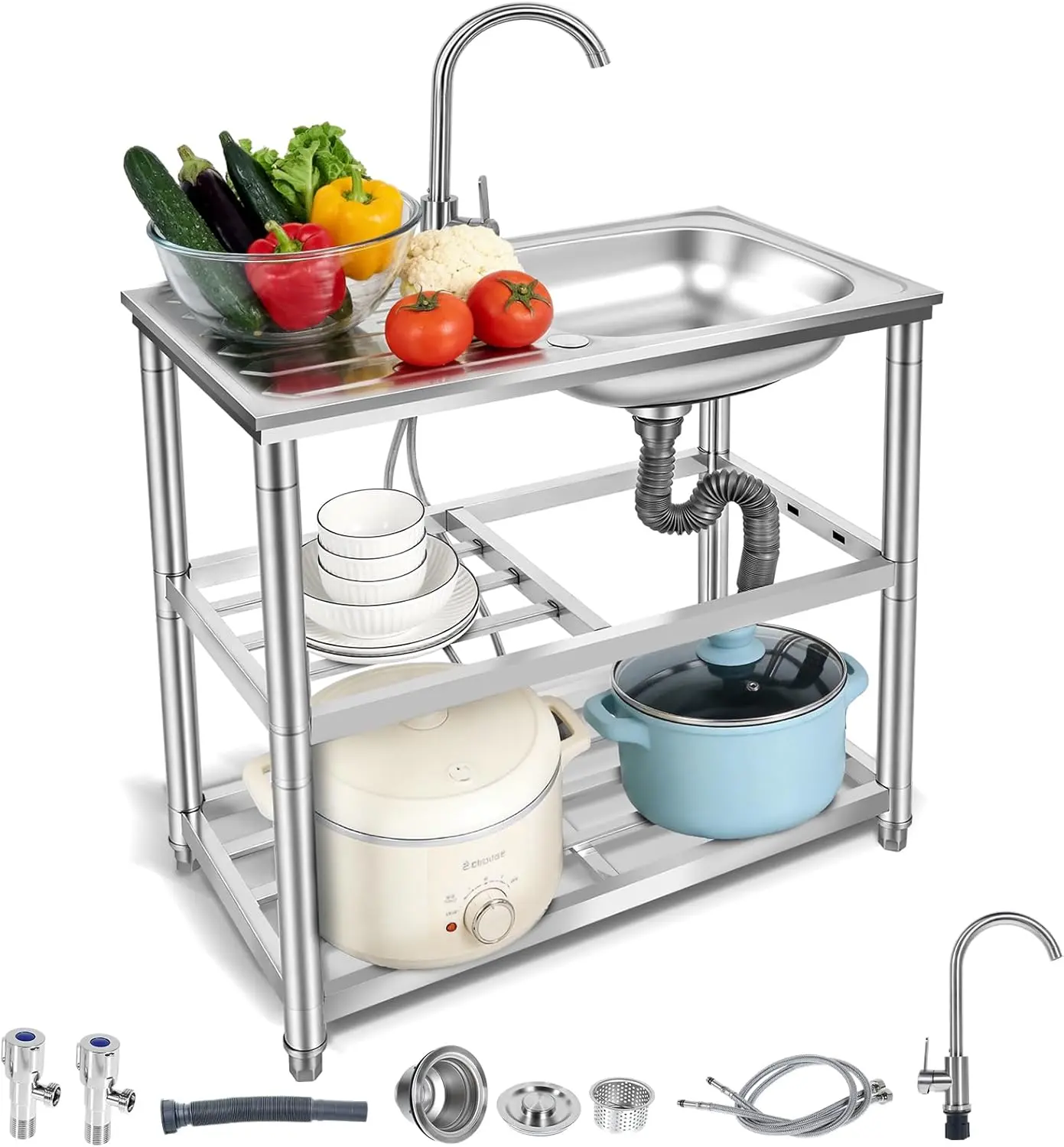 29.3" x 15.6" x 29.3" Outdoor Utility Sink, Stainless Steel Laundry Tub Sink with Double-Layer Storage Shelves, Single Bowl Portable Washing Hand Basin Station with Double Temperature Faucet