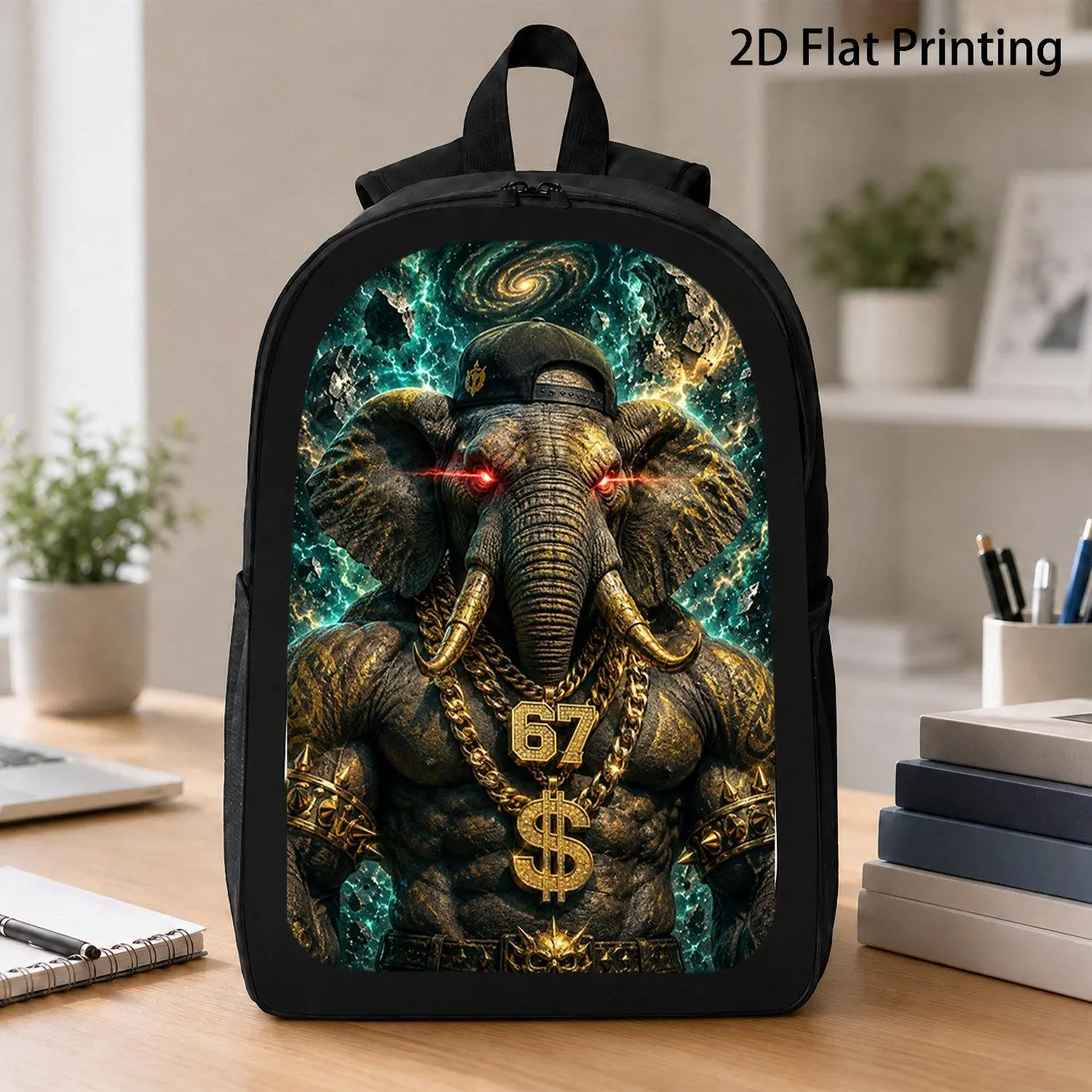 [17 Inch Backpack] Muscular Gangster Elephant With Red Laser Eyes Gold Chains Number 67 Dollar Sign Galaxy Space Streetwear Print Backpack Trendy Hip Hop Style Laptop Backpack For Travel School Daily Use