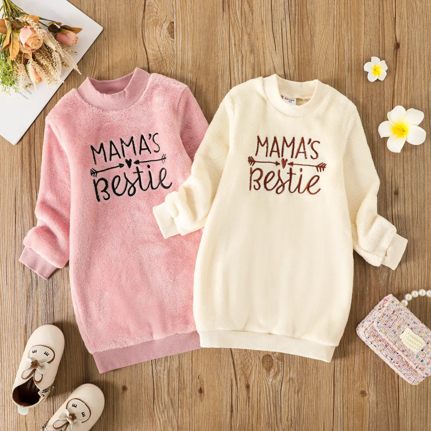 PatPat Toddler Girl Letter Embroidered Fleece Mock Neck Long-sleeve Pink Sweatshirt Dress