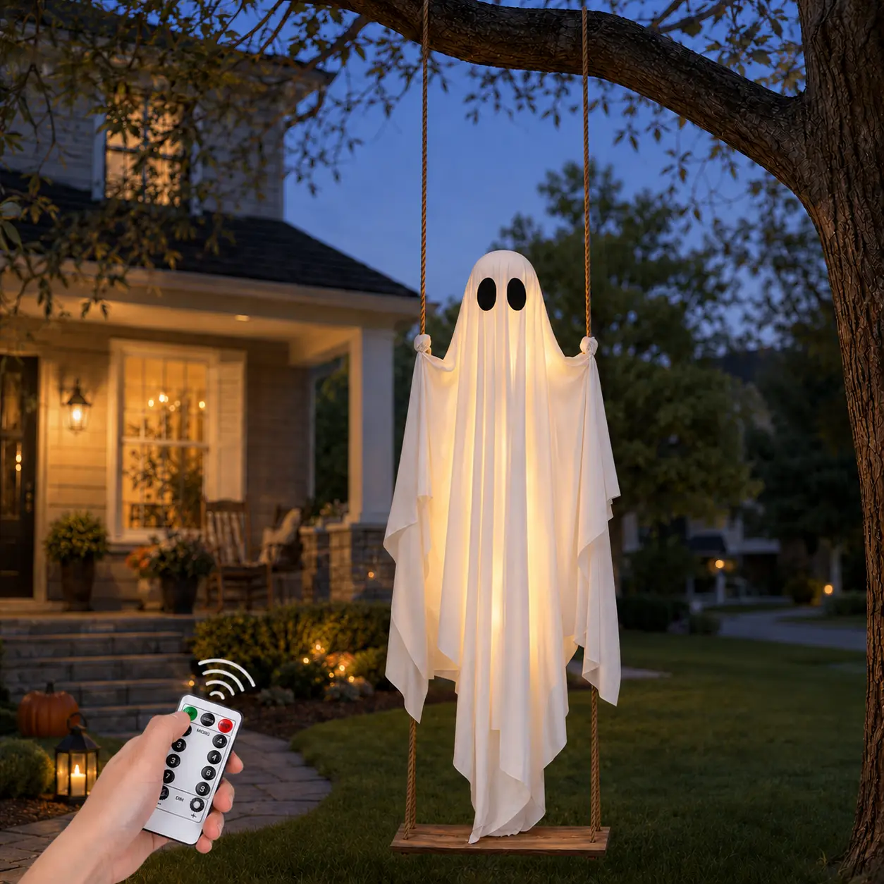 Halloween Decorations Outdoor 4.2FT Large Hanging Ghost Swing | Pre-Installed Swing & Ropes, Multi-Mode Remote Lights, Stable & Adjustable Hanging – Easy Setup for Porch, Tree, Yard & Entryway, Halloween Essential