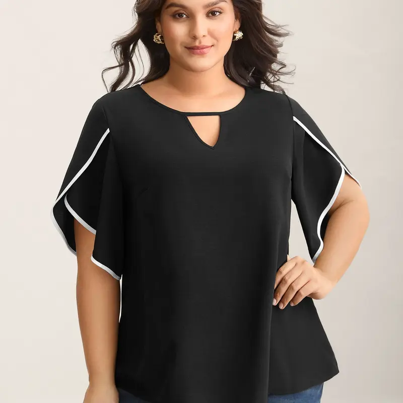 BloomChic Women's Plus Size Color Contrast Petal Half Sleeve Blouse - Casual Round Neck, Regular Length, Curvy Fit, Summer Top, Back To School Pick, SohoChic, Blouses Shirts Tops, Plus Size Fashion, Casual Classy Fashion, Stylish Women's Wear