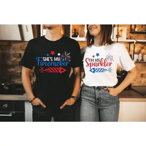 Matching 4th of July Couple T-Shirts, Double-sided Printing Firecracker & Sparkler Tees