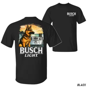 Busch Light Dog T-Shirt – German Shepherd by the Lake with Cooler Graphic, Rustic Outdoor Sunset Design for Beer Lovers, Camping and Fishing Style, Perfect Gift for Dog Owners and Busch Light Fans, Unisex Casual Tee, Menswear Tops