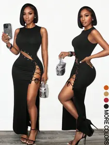 Sexy Women's Sleeveless Cross Tie Design Dress, Slim-Fitting Long Dress with Split Thigh Slit for Special Occasions, Elegant Formal Evening Wear