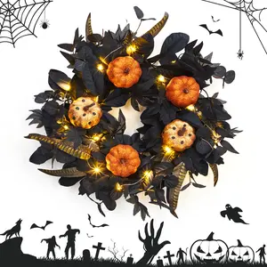 8 Inch Pre-Lit Halloween Pumpkin Wreath with 15 LED Lights - Black Maple Leaf Front Door Wreath for Spooky Fall Decor