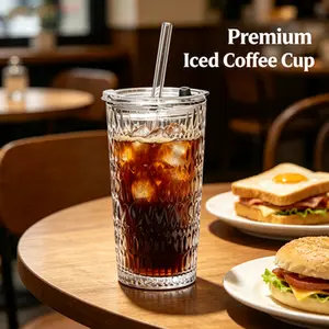530ml Textured Glass Tumbler with Lid and Straw, Leakproof Reusable Iced Coffee Cup, Smoothie & Soda, Portable Travel Glass for Home Office and Outdoor, Dishwasher Safe, Ideal Gift for Coffee Lovers & TrendyHomeEssentials Bottles Mug