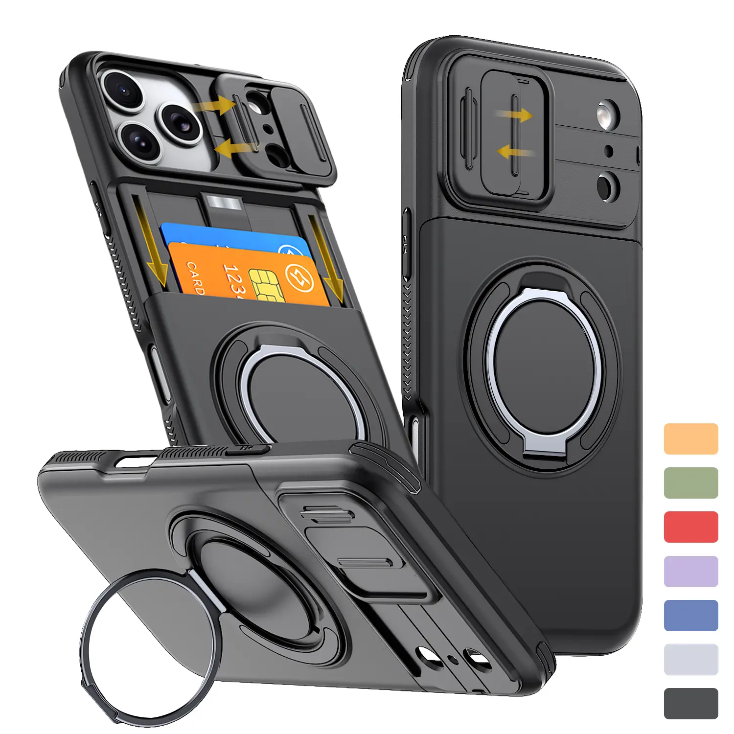Slide Camera Protection Cover, Military Grade Drop Protection Heavy Duty Shockproof with Rotate Kickstand Case Card Holder Wallet For iPhone 17 16 15 14 13 12 Pro Max