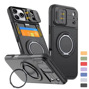 Slide Camera Protection Cover, Military Grade Drop Protection Heavy Duty Shockproof with Rotate Kickstand Case Card Holder Wallet For iPhone 17 16 15 14 13 12 Pro Max