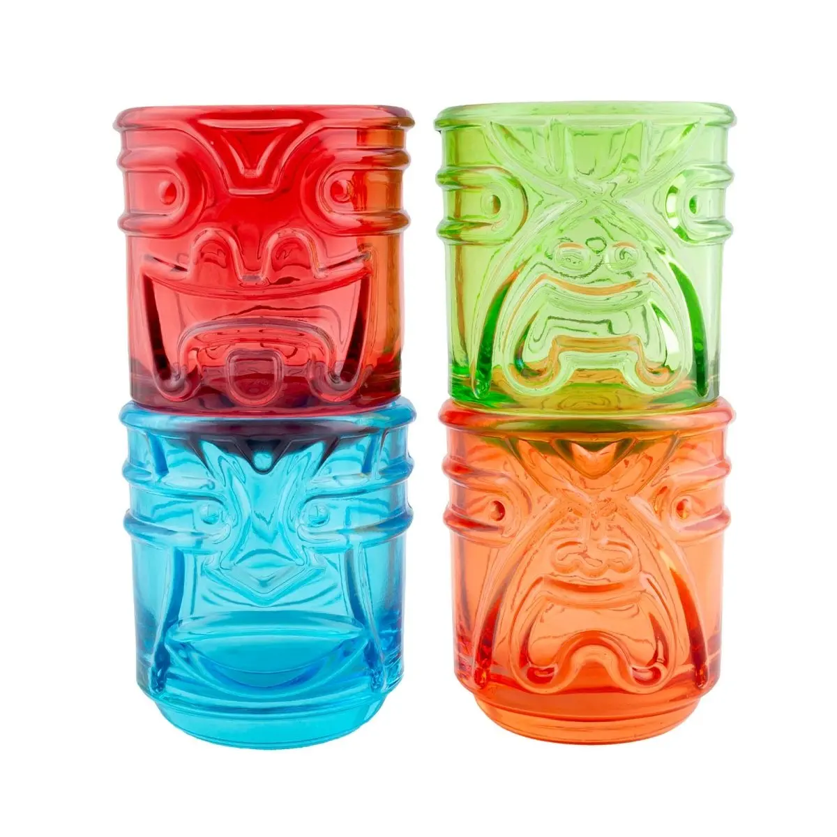 4-Piece 12oz Tropical Assorted Colored Stacking Tiki Tumbler Set - Kitchen Drinkware Glassware, Polynesian God Design Cocktail Glasses for Parties & Tropical and Tiki Drinks with Accessories
