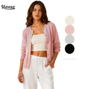 UANEO Women's Long Sleeve Lightweight Knit Cardigan Sweater Crew Neck Soft Ribbed Button Down Fitted Breathable Top for Casual Office Spring Summer Layering