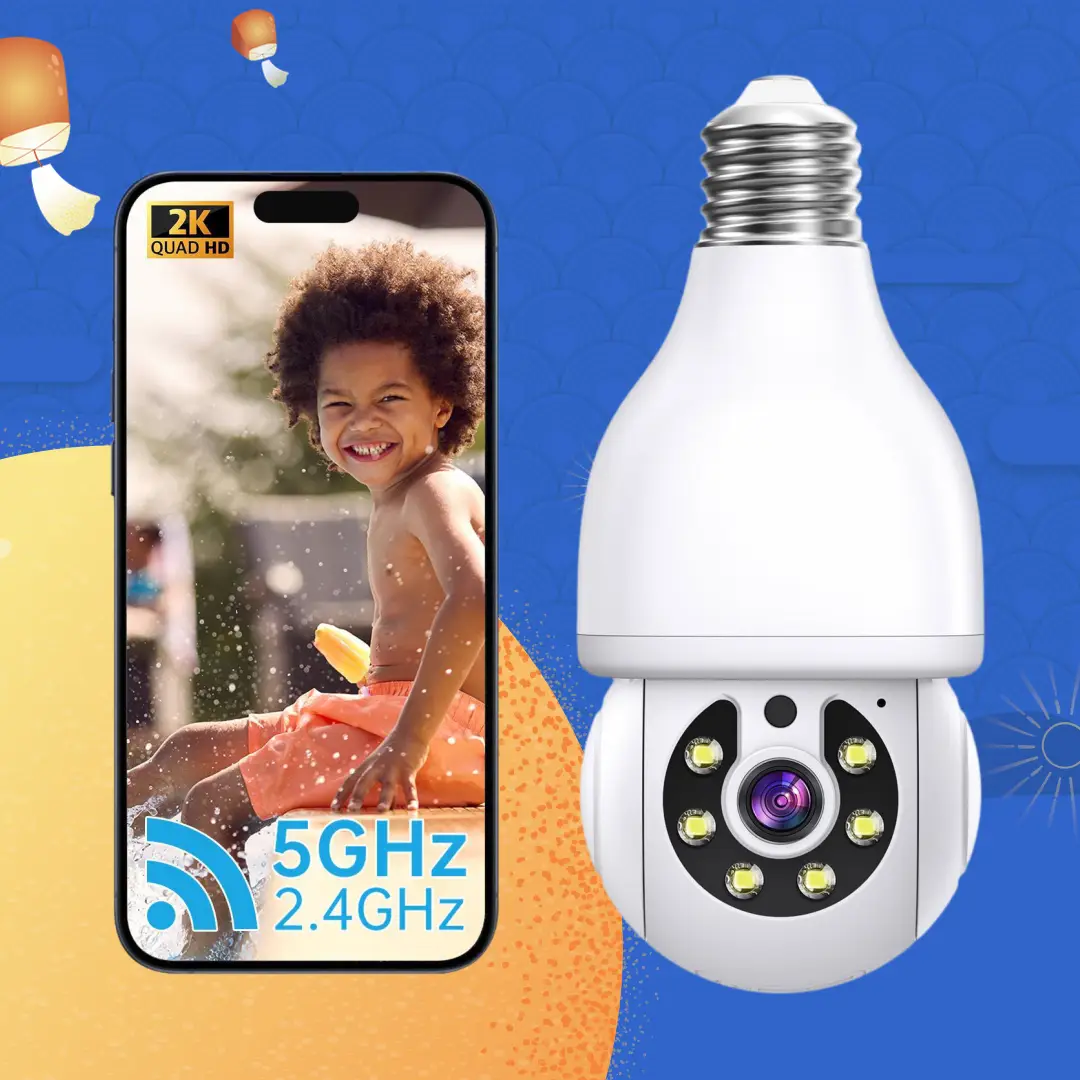 FHD Light Bulb Security Camera Wi-Fi Indoor/Outdoor Camera, Full-Color Night Vision, Motion Detection, Sound & Light Alarm, Two-Way Audio, Wireless Li