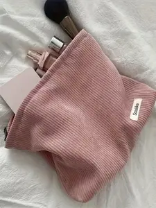 Solid Color Corduroy Makeup Bag, Zipper Makeup Organizer Pouch, Versatile Cosmetic Storage Bag, Makeup Tools Organizer for Travel, Daily Use