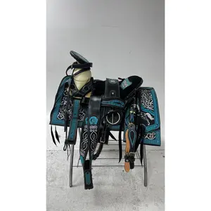 Charro Saddle – Black Leather with Turquoise & Silver Embroidery (15.5”) “El Fénix”
