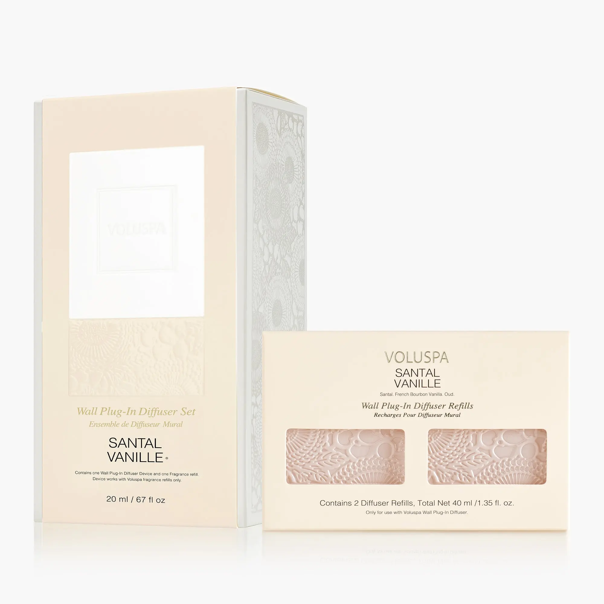 VOLUSPA Vanilla Santal Plug-In Diffuser Starter Kit with 2 Vanilla Scent Twin Refills Bundle, Glass Home Fragrance for Room Scenting