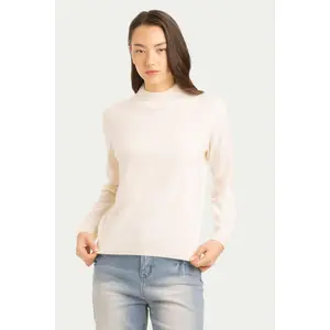 Daily Women's Mock Neck Sweater - Long Sleeve, Casual Korean Minimalist OL Style, Autumn Medium Length, Plain Wool-Cashmere