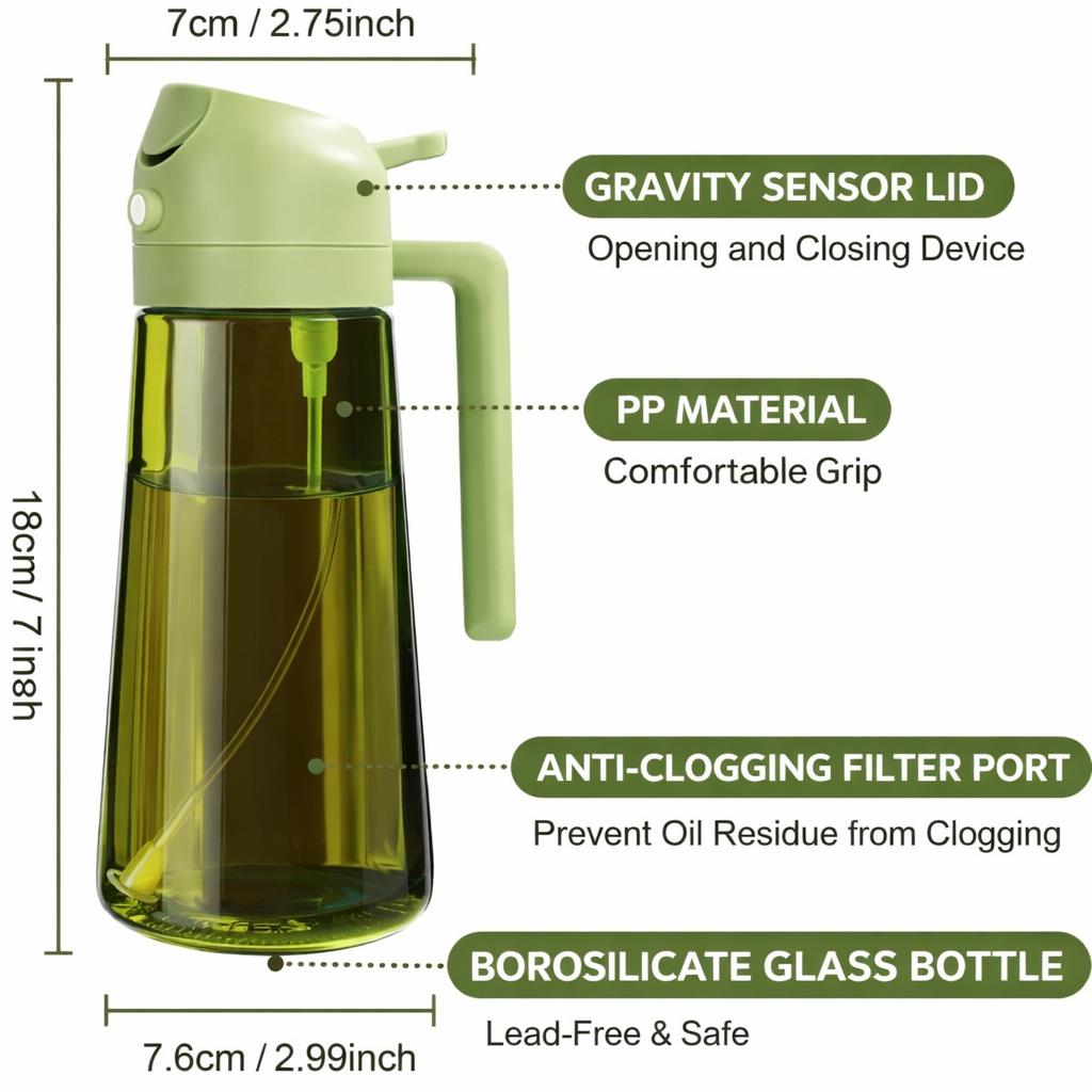 2PCS 2-in-1 Oil Dispenser & Oil Sprayer, 16oz / 470ml Olive Oil Bottle with Fine Mist Nozzle, Oil Spray Bottle for Cooking, Air Fryer & Salad (Black & Green)