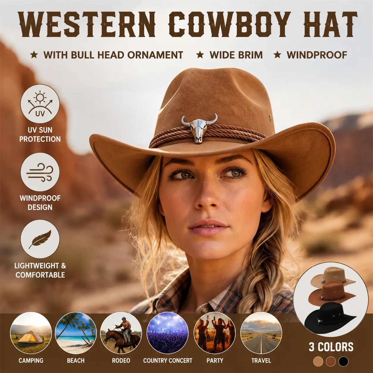 Men Women Western Cowboy Hat With Bull Head Ornament, Wide Brim Windproof Cowgirl Hat, Uv Sun Protection Outdoor Hat For Travel Camping Beach Rodeo Party Country Concert Costume Accessory